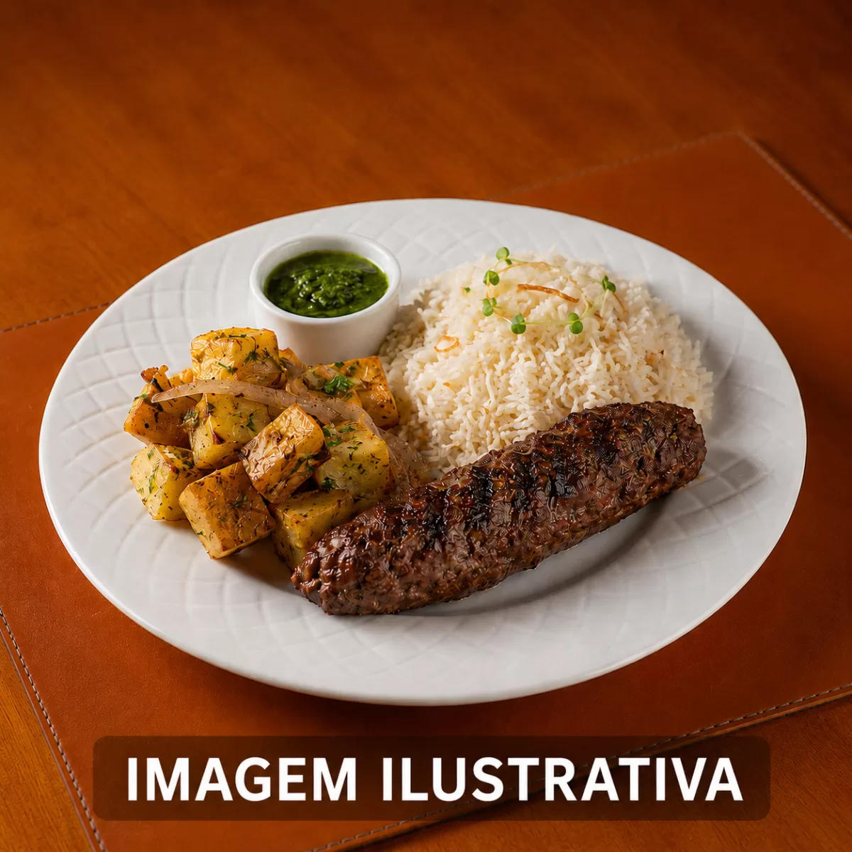 Kafta grelhada com batata libanesa, arroz árabe e molho verde